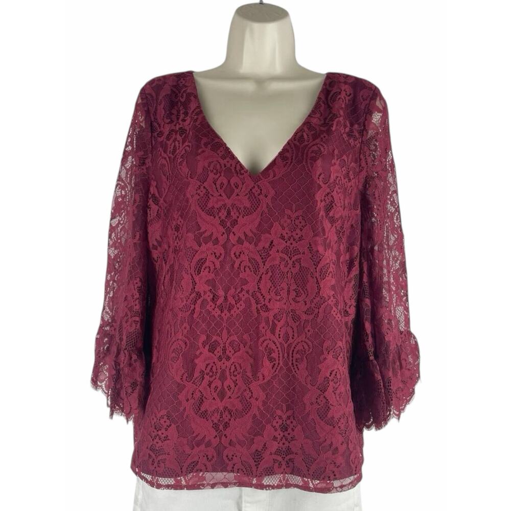 Modcloth V Neck Lace 3/4 Bell Sleeve Top Blouse Red Size M